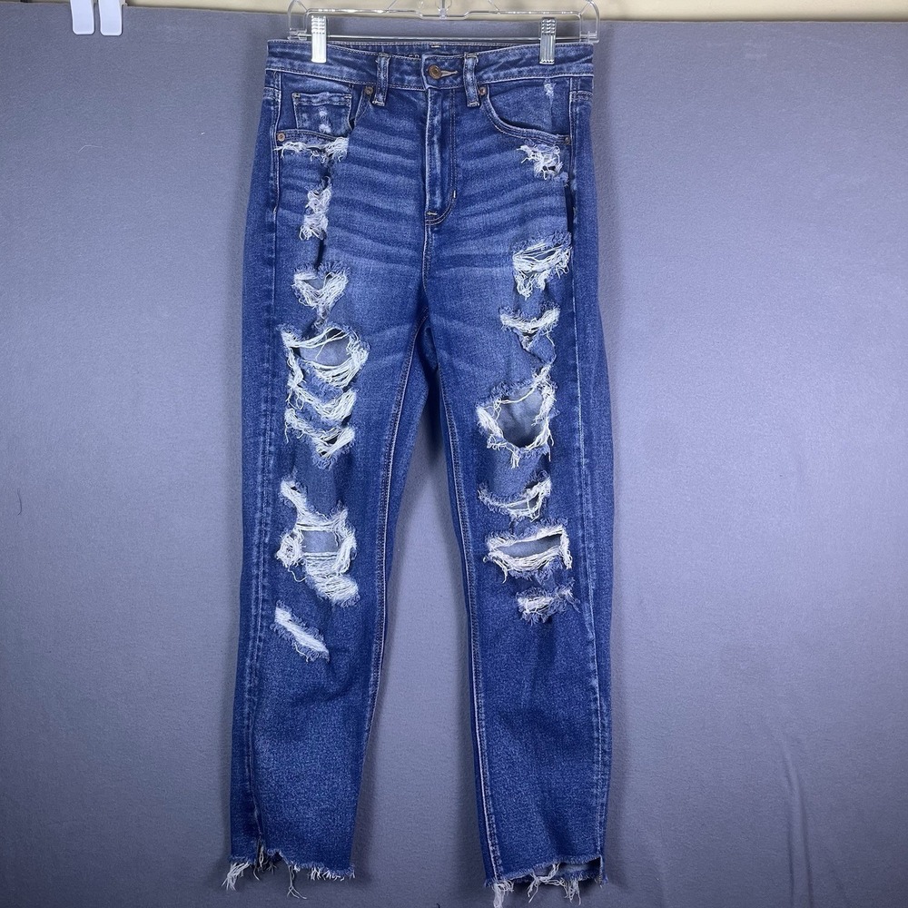 American Eagle Women's Blue Mom Jeans Size 8 Distressed Stretch High Rise Frayed